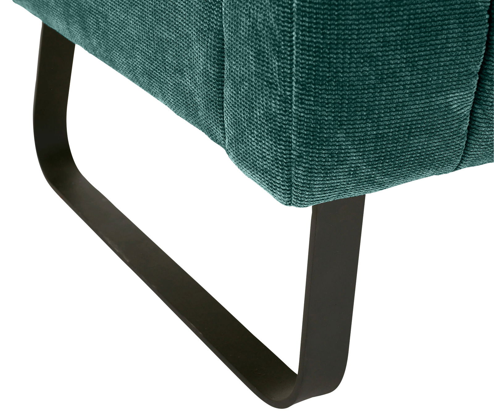 Nahaufnahme einer grünen 2er-Sitzbank mit Metallbeinen, seitliche Perspektive