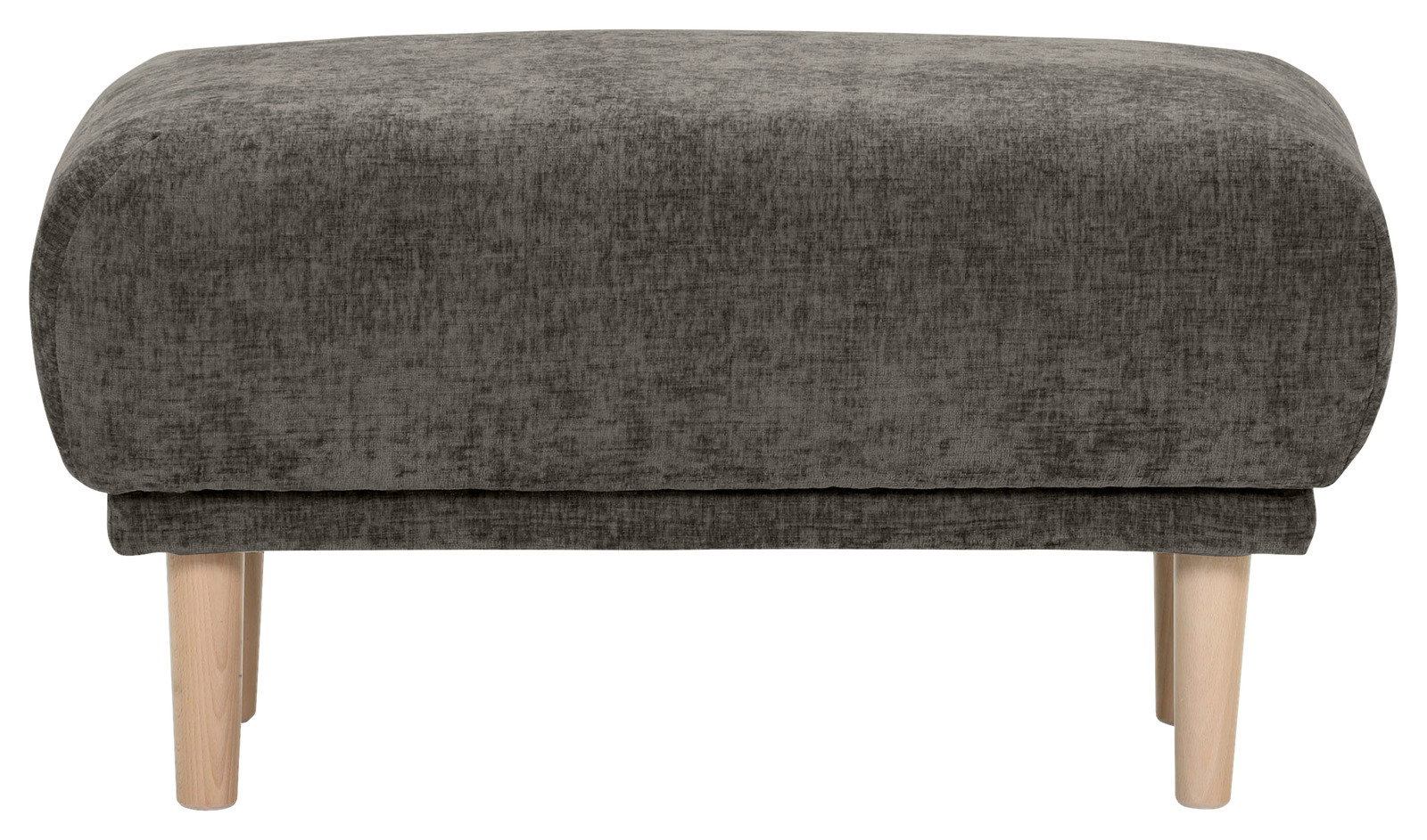 Grauer Hocker mit Holzbeinen, Frontalansicht