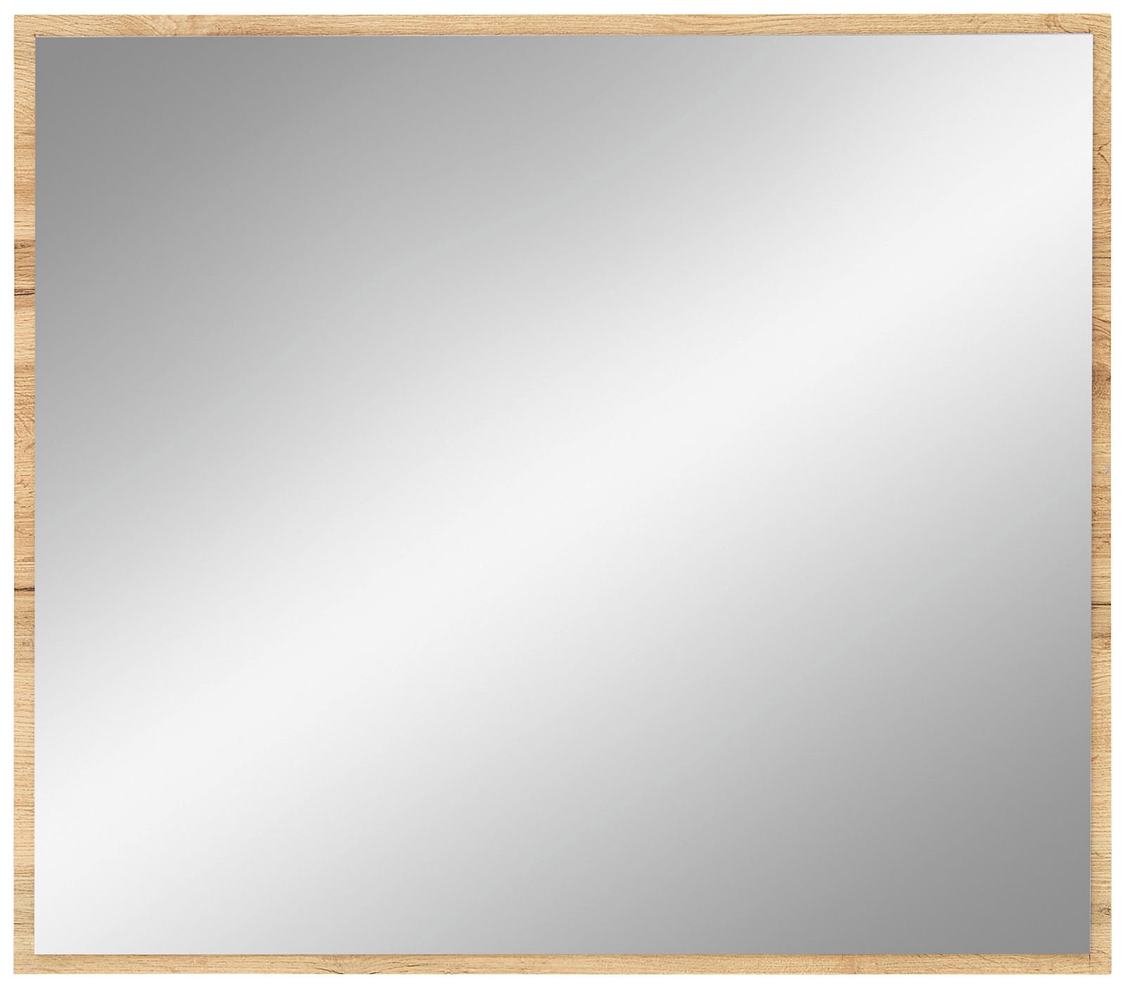 Quadratischer Spiegel mit Holzrahmen, frontal betrachtet.