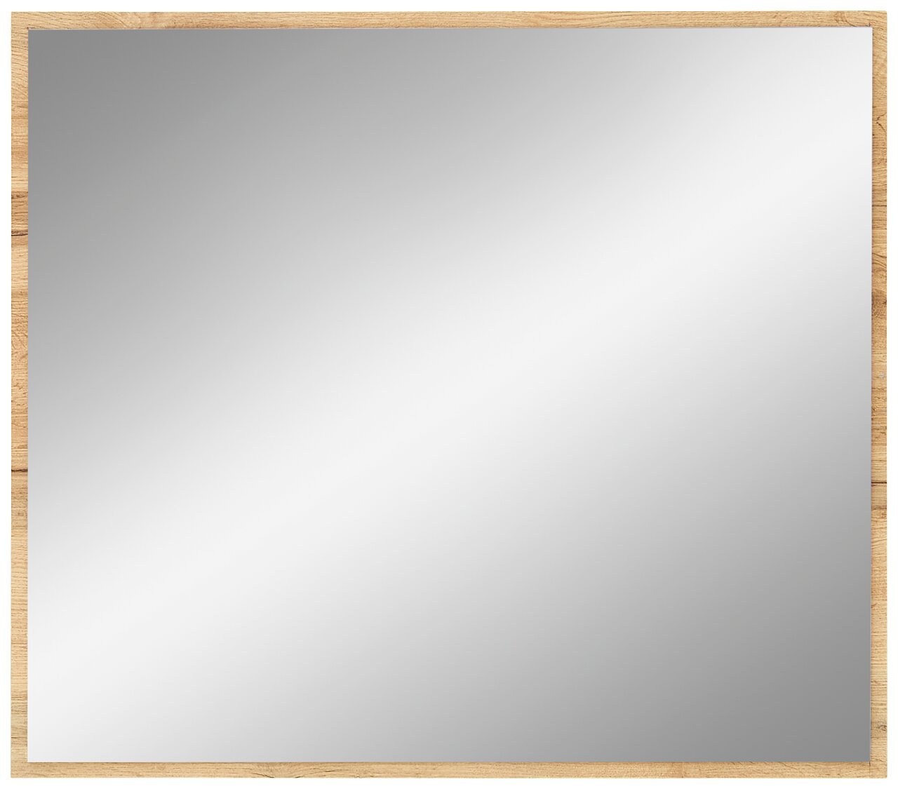 Quadratischer Spiegel mit Holzrahmen, frontal betrachtet.