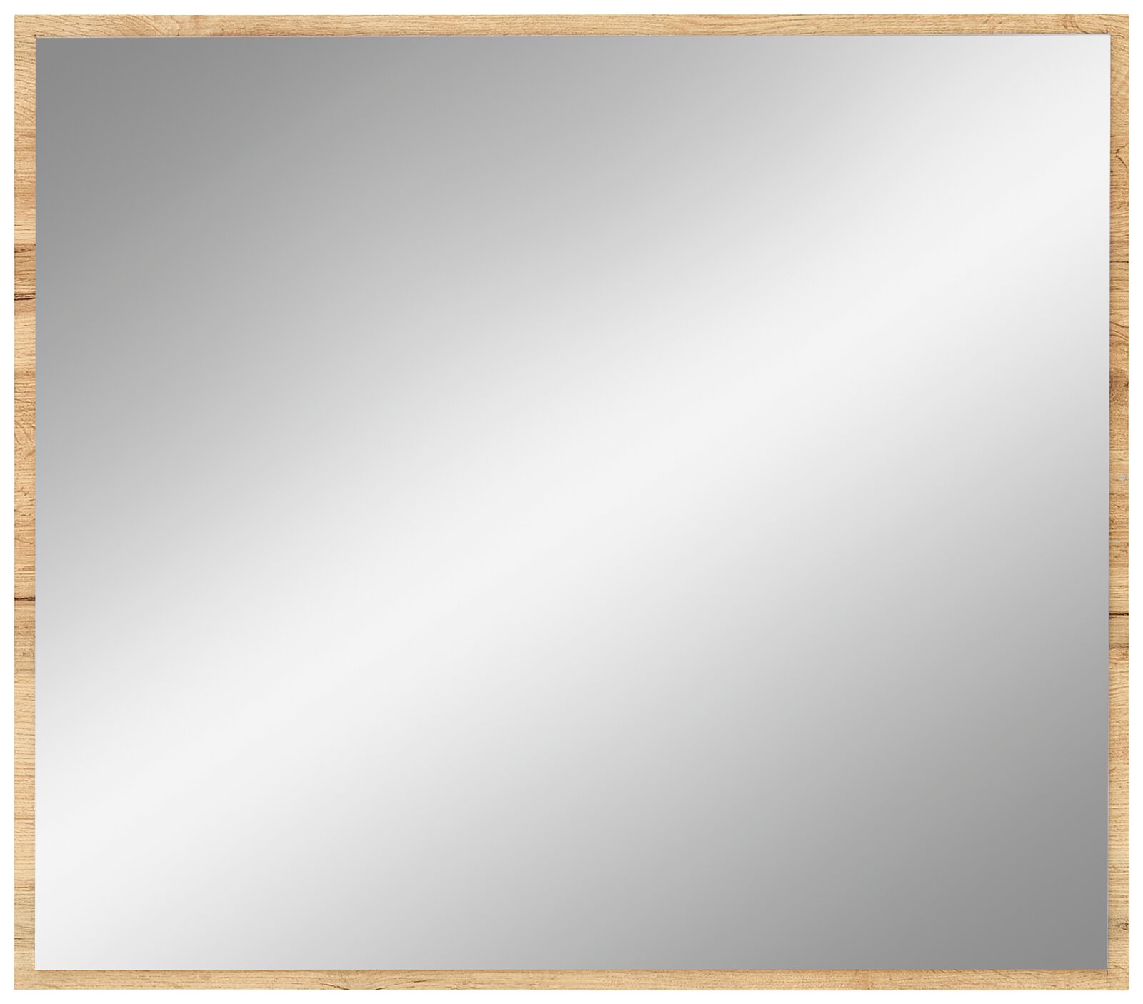 Quadratischer Spiegel mit Holzrahmen, frontal betrachtet.