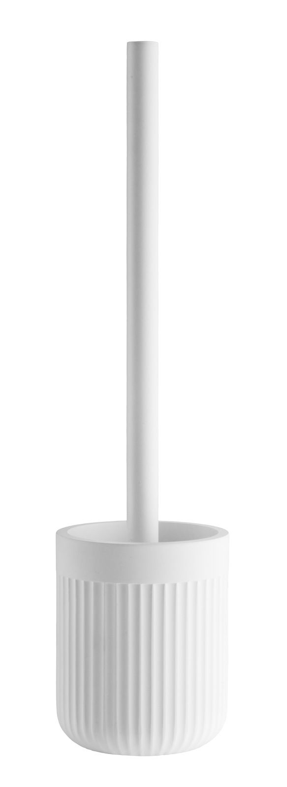 Weiße WC-Bürste mit Behälter, frontal abgebildet, mit geriffeltem Design.