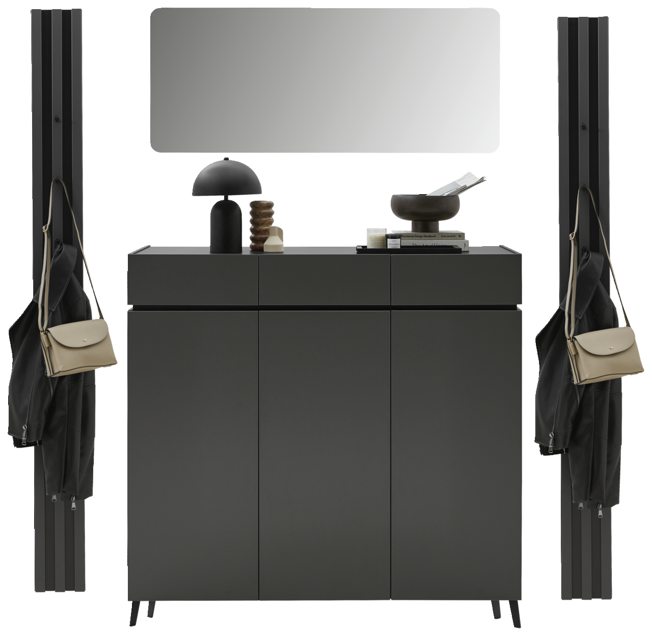 Garderoben-Set in Graphit mit Spiegel, Schrank und Haken, frontal betrachtet