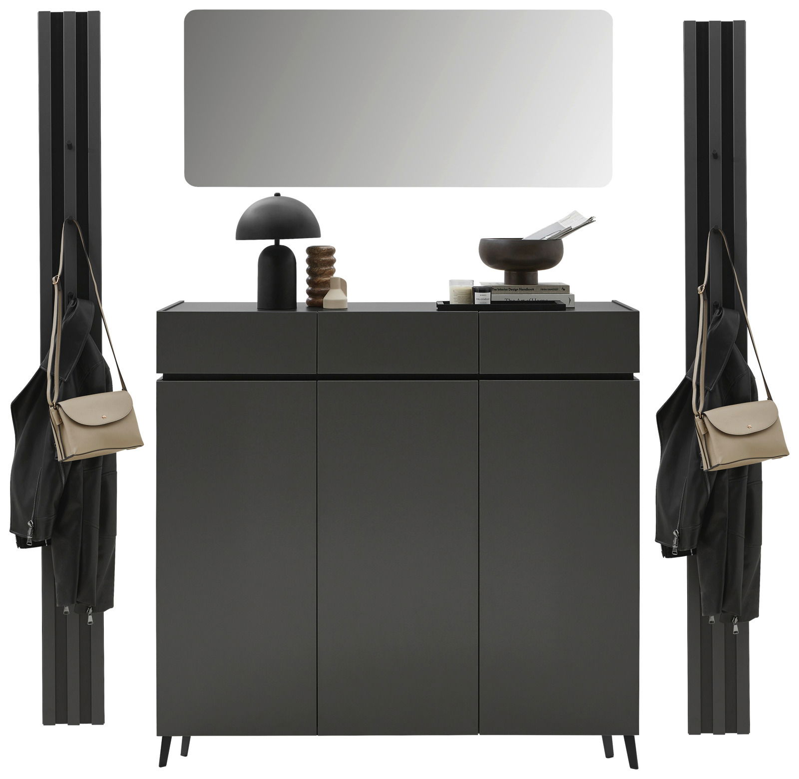 Voleo Garderoben-Set 7 UNIQUE Garderoben-Set in Graphit mit Spiegel, Schrank und Haken, frontal betrachtet