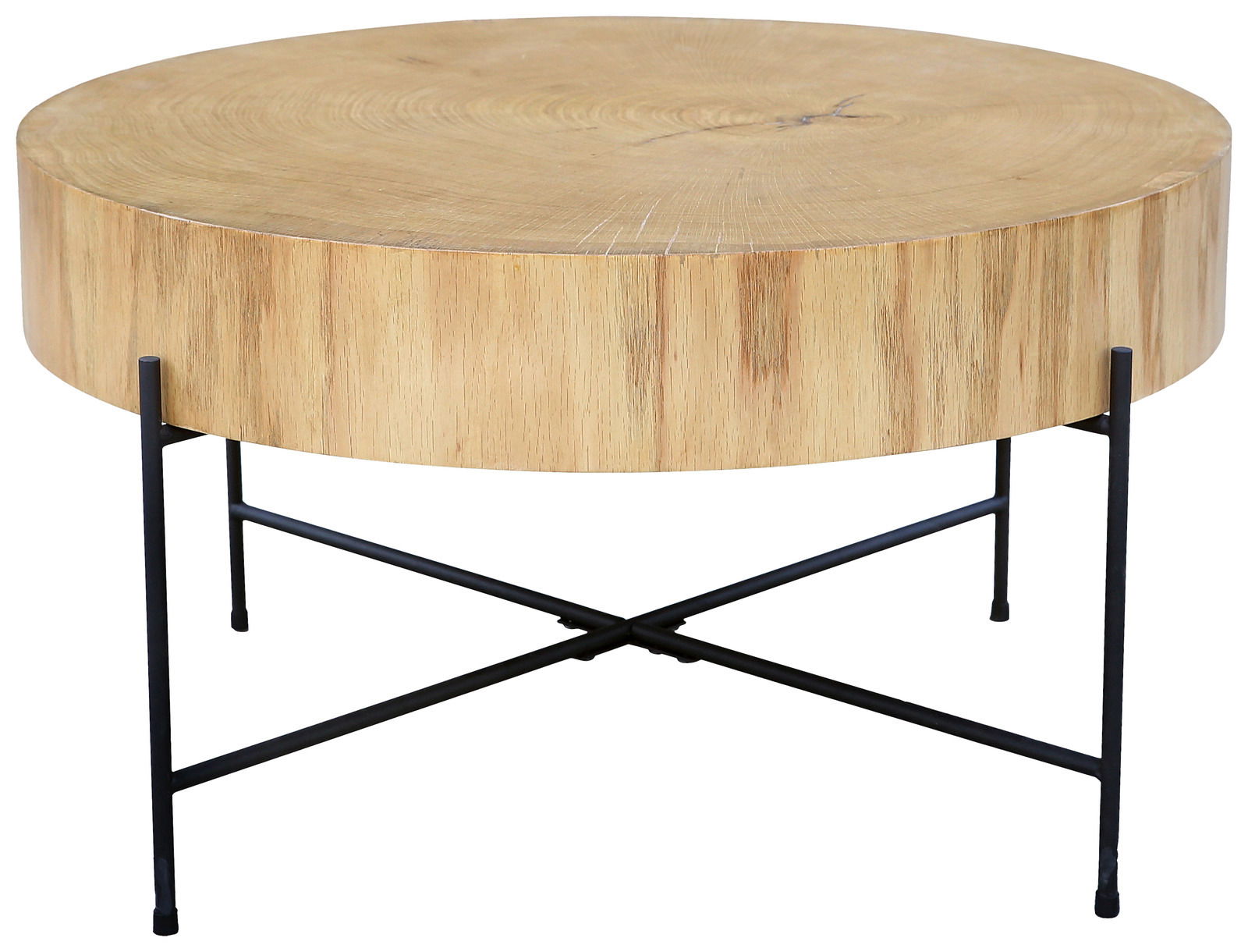 Runder Couchtisch aus Holz mit schwarzem Metallgestell, seitliche Perspektive