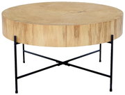 Ronde houten salontafel met zwart metalen onderstel, zijaanzicht