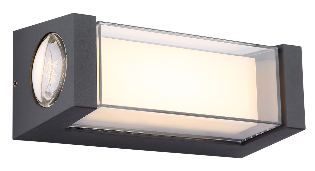 Moderne LED-Außenwandleuchte in rechteckiger Form, seitliche Perspektive