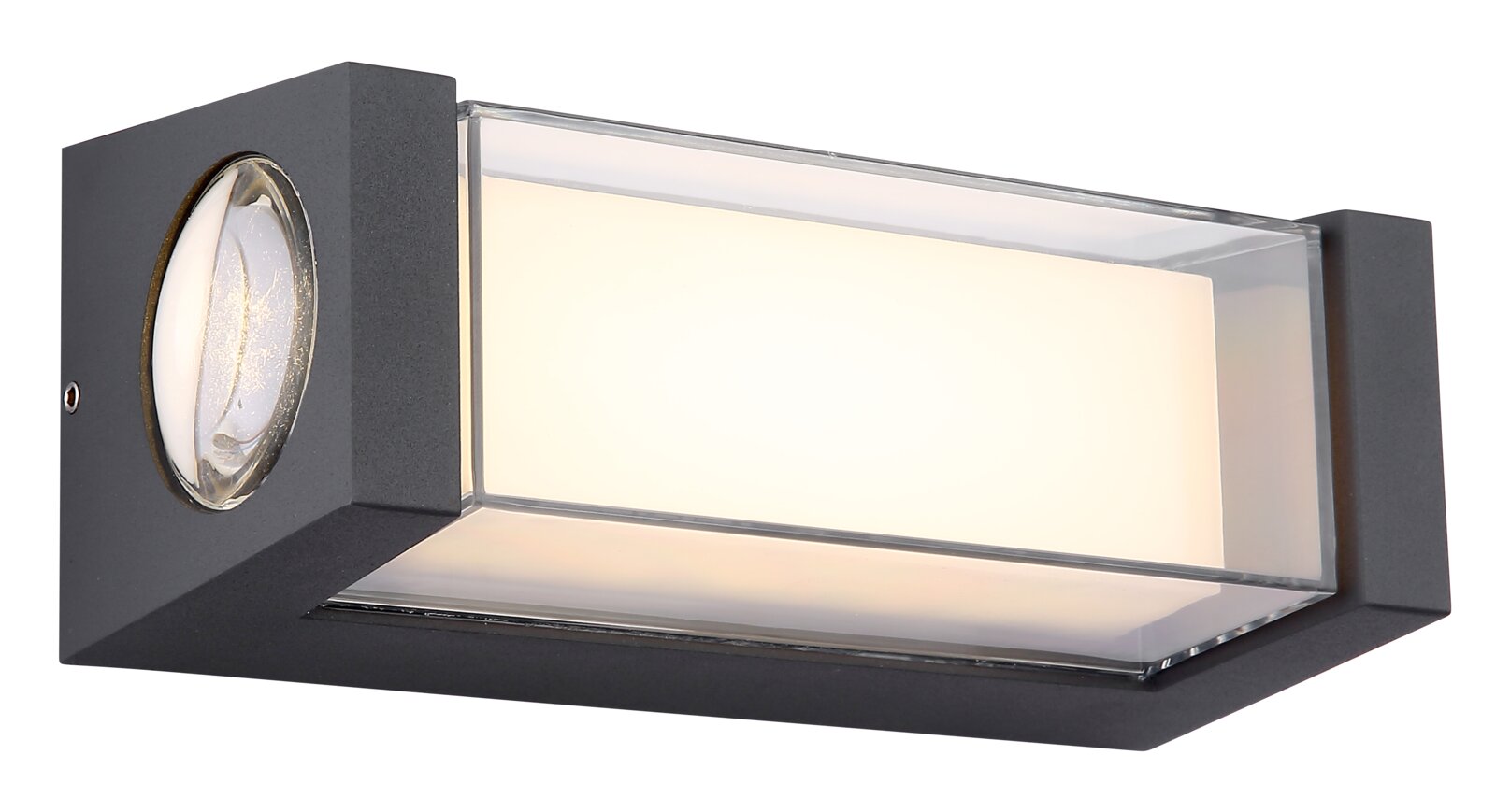 Moderne LED-Außenwandleuchte in rechteckiger Form, seitliche Perspektive