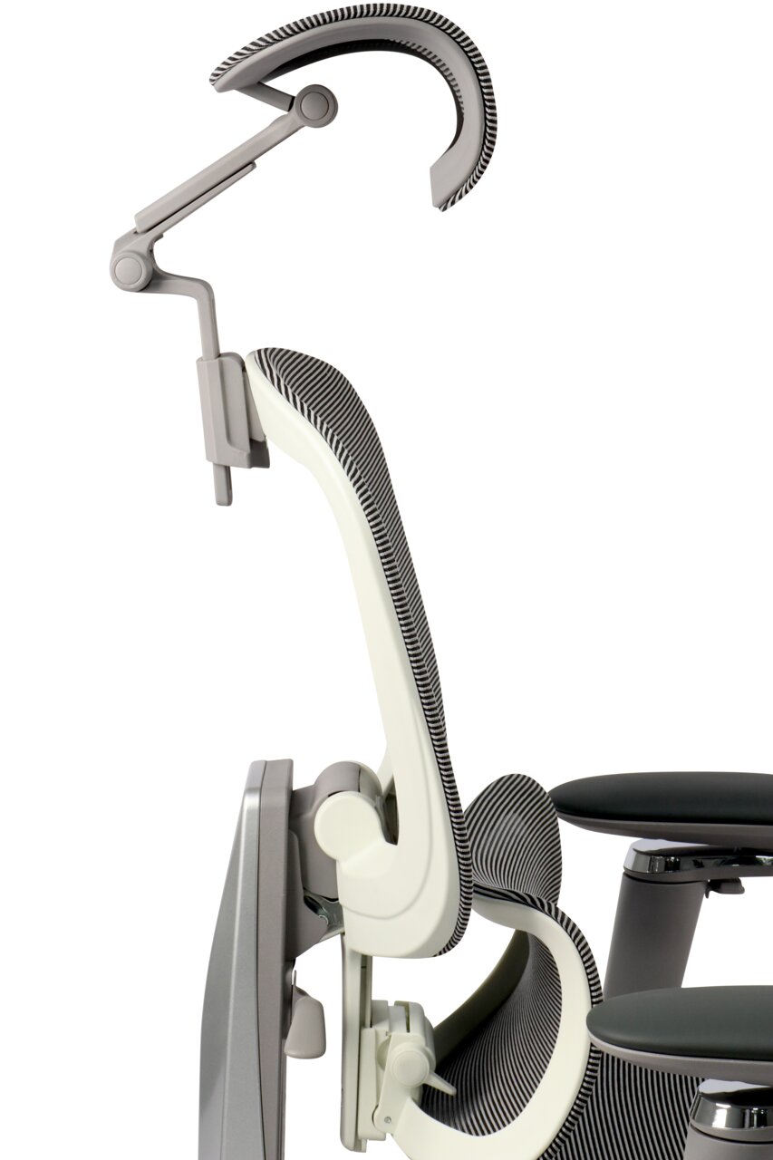 Seitenansicht eines modernen Drehstuhls mit ergonomischer Rückenlehne und Kopfstütze.