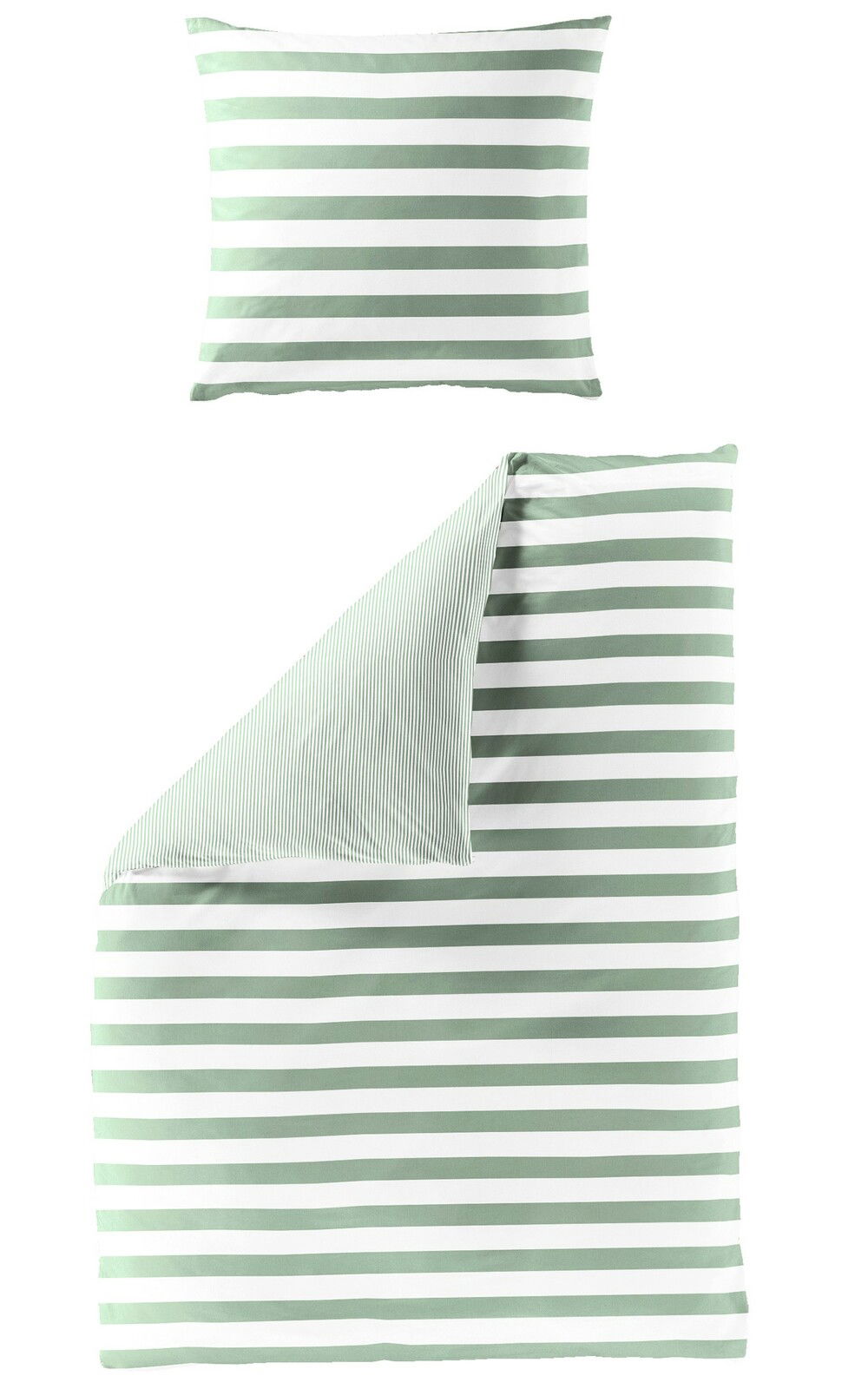 Bettwäsche-Set mit grünen und weißen Streifen, bestehend aus einem Kissenbezug und einem Bettdeckenbezug, aus der Vogelperspektive fotografiert.