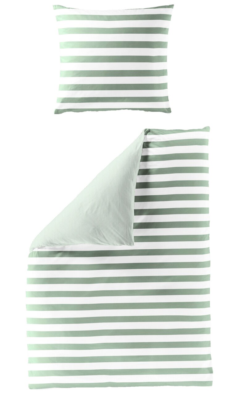 Bierbaum Bettwäsche Bettwäsche-Set mit grünen und weißen Streifen, bestehend aus einem Kissenbezug und einem Bettdeckenbezug, aus der Vogelperspektive fotografiert.