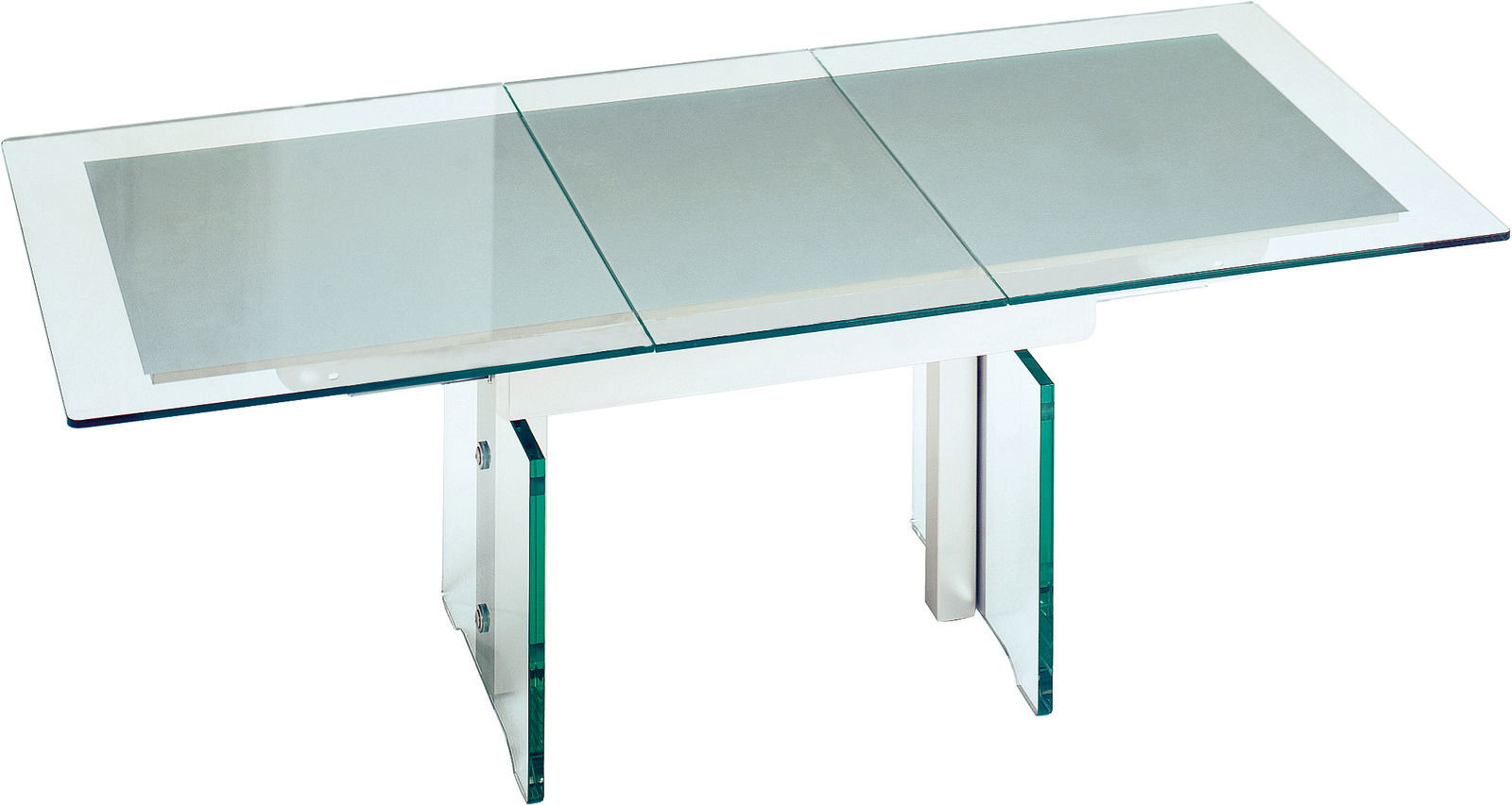 Moderner Couchtisch mit Glasplatte und Metallbeinen, seitliche Perspektive