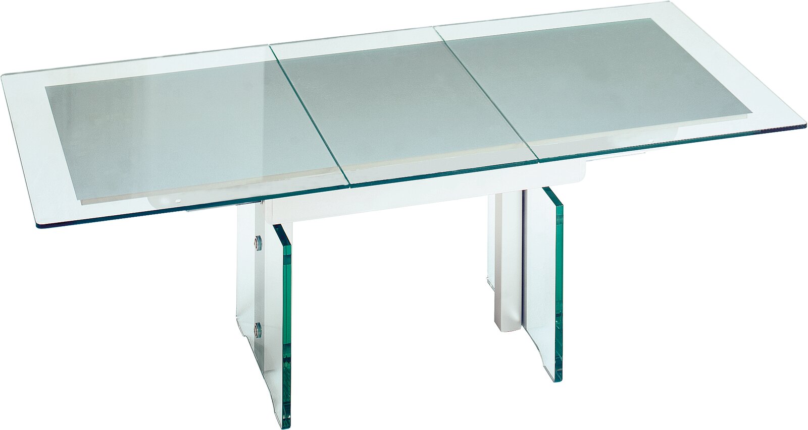 Moderner Couchtisch mit Glasplatte und Metallbeinen, seitliche Perspektive