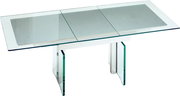 Moderner Couchtisch mit Glasplatte und Metallbeinen, seitliche Perspektive