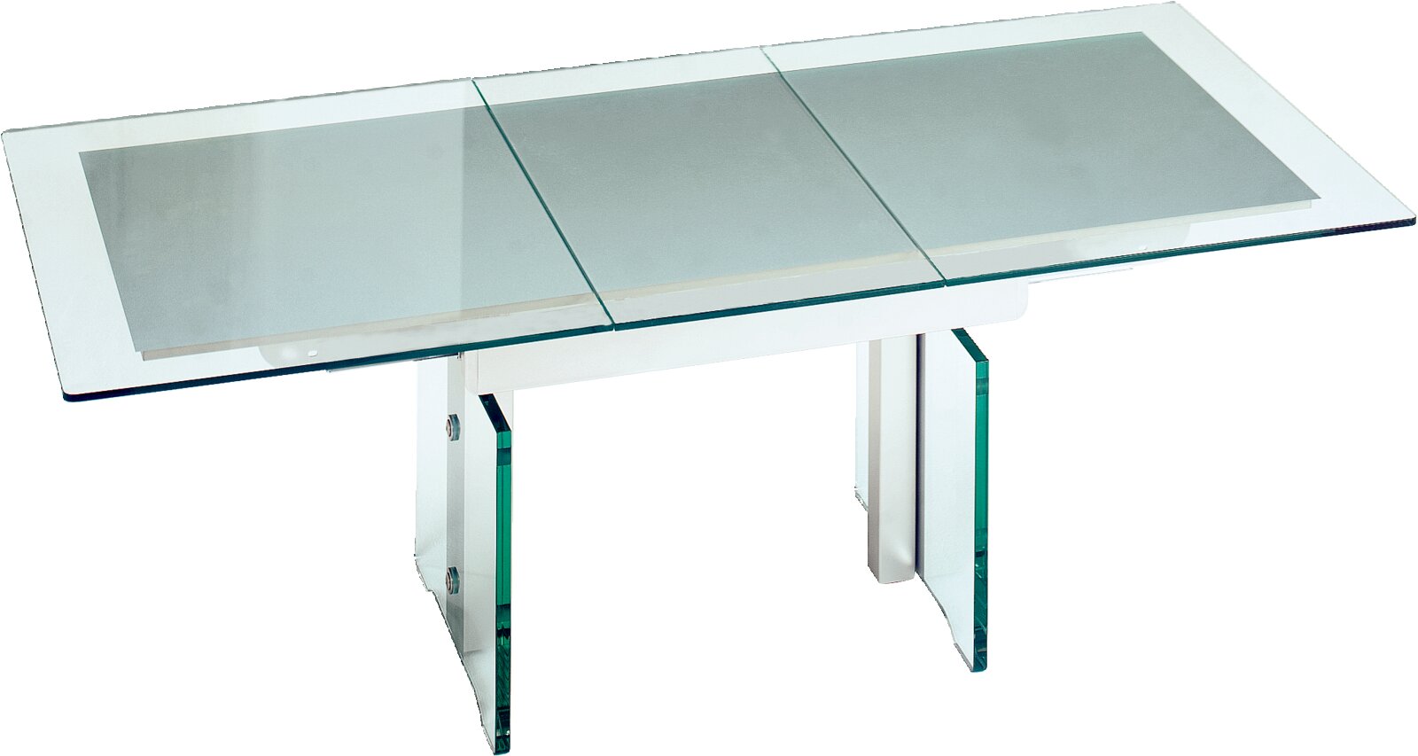 Moderner Couchtisch mit Glasplatte und Metallbeinen, seitliche Perspektive
