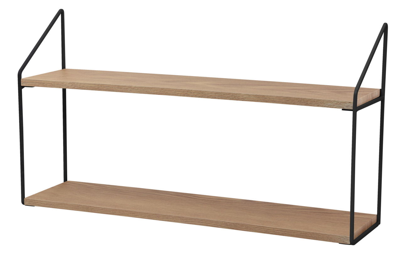 Hängeregal mit zwei Holzböden und schwarzem Metallrahmen, seitliche Perspektive
