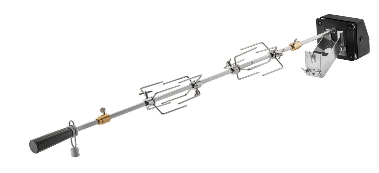Rösle Premium draaispit G4 / G6 BBQ Premium Drehspieß G4/G6, seitliche Perspektive, mit schwarzem Griff und Metallhalterung.