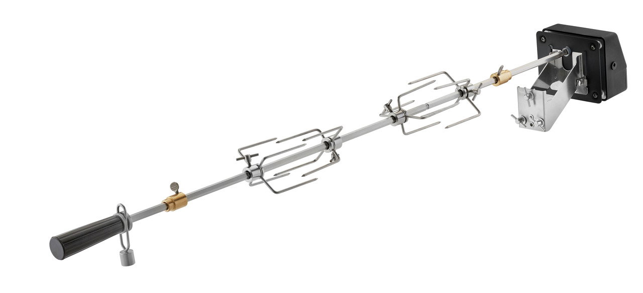 Premium Drehspieß G4/G6, seitliche Perspektive, mit schwarzem Griff und Metallhalterung.