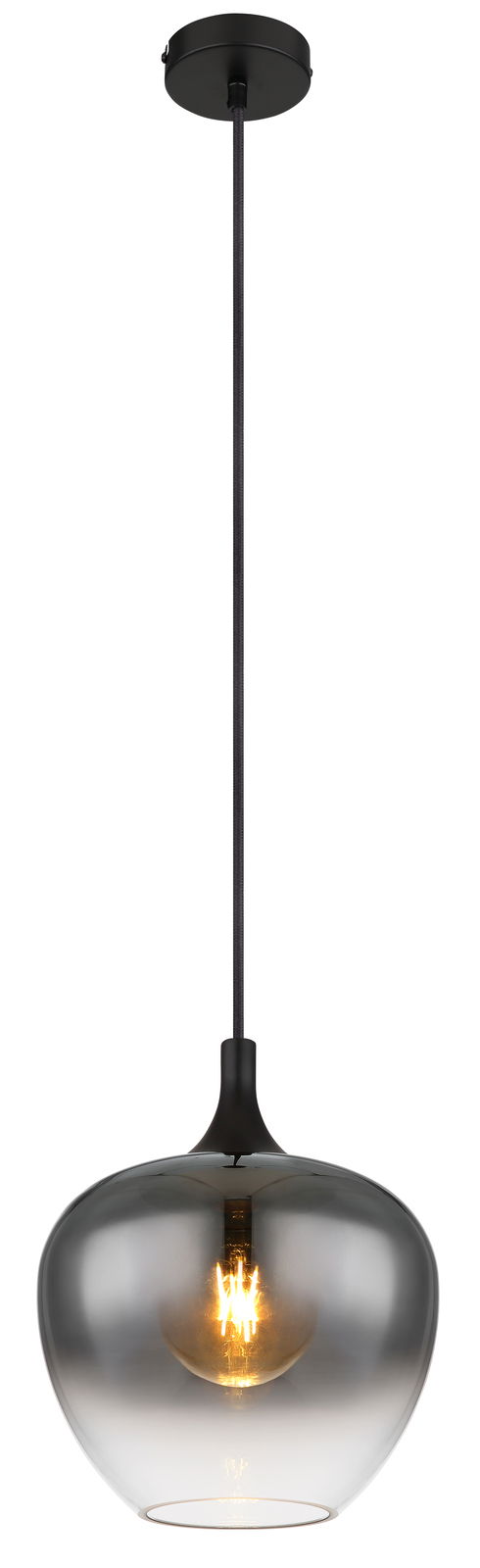 Moderne Hängeleuchte MAXY mit rauchgrauem Glasschirm, seitliche Perspektive
