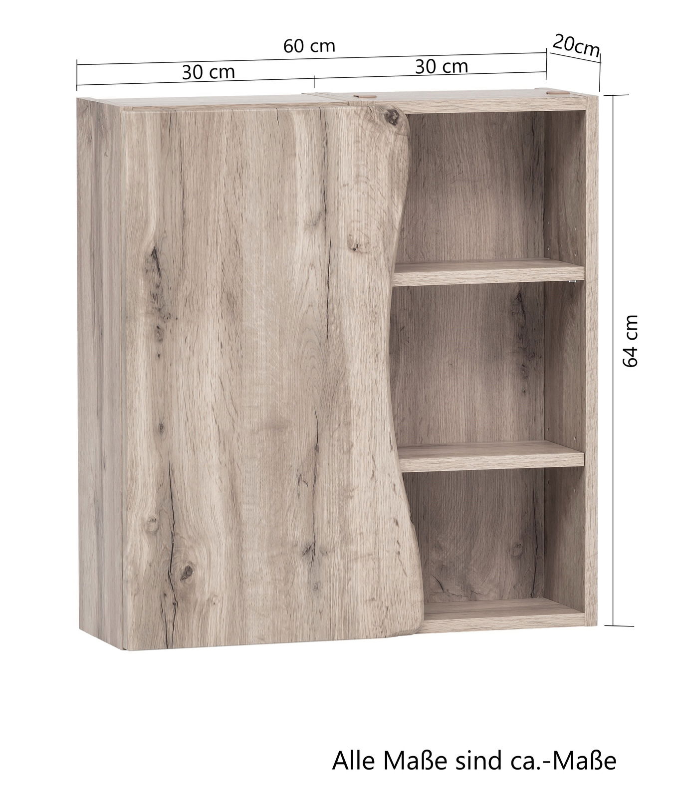 Hängeschrank aus Holz mit einer Tür und zwei offenen Regalfächern, Frontansicht