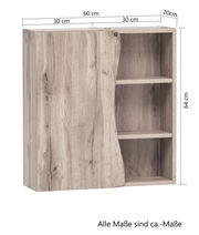 Hängeschrank aus Holz mit einer Tür und zwei offenen Regalfächern, Frontansicht