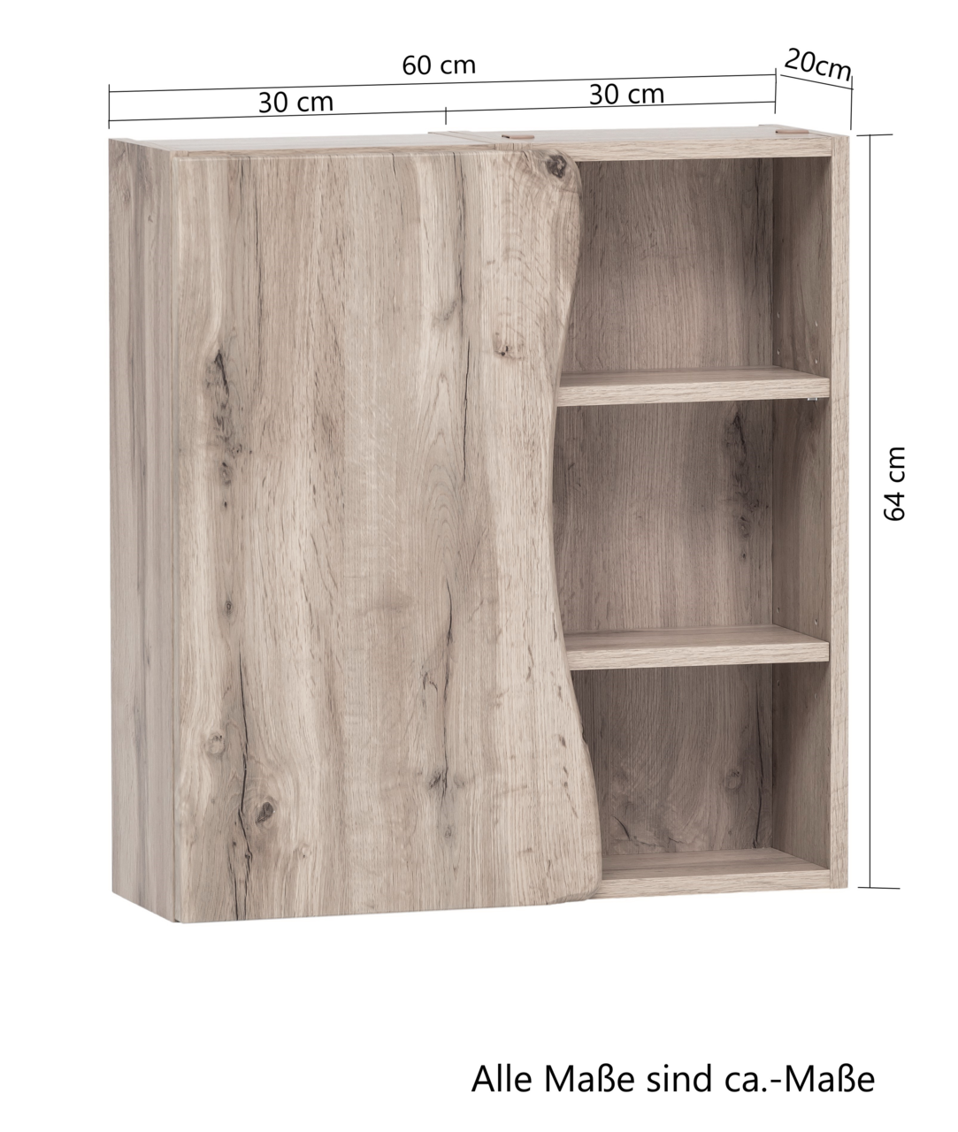 Hängeschrank aus Holz mit einer Tür und zwei offenen Regalfächern, Frontansicht