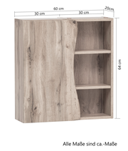 Hängeschrank aus Holz mit einer Tür und zwei offenen Regalfächern, Frontansicht