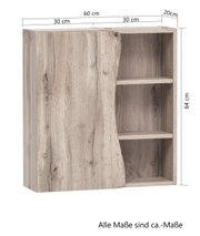 Hängeschrank aus Holz mit einer Tür und zwei offenen Regalfächern, Frontansicht