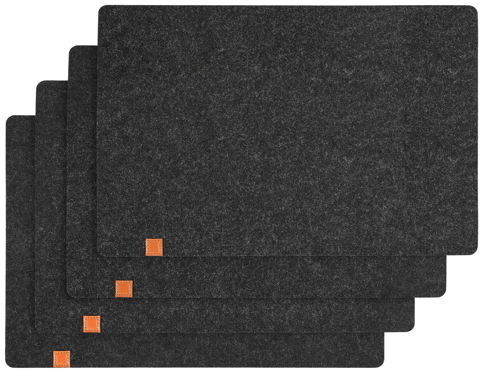 Set aus vier dunkelgrauen Filz-Tischsets mit braunen Lederecken, von oben betrachtet.