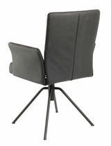 Rückansicht eines modernen schwarzen Sessels mit Metallbeinen, fotografiert aus einer leicht seitlichen Perspektive.