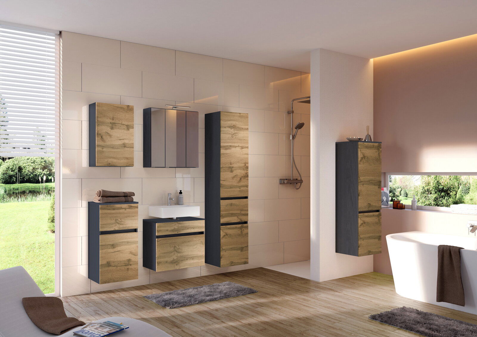 Moderner Badezimmer-Hängeschrank in Holzoptik, frontal betrachtet, in einem stilvoll eingerichteten Badezimmer mit Dusche und Badewanne.