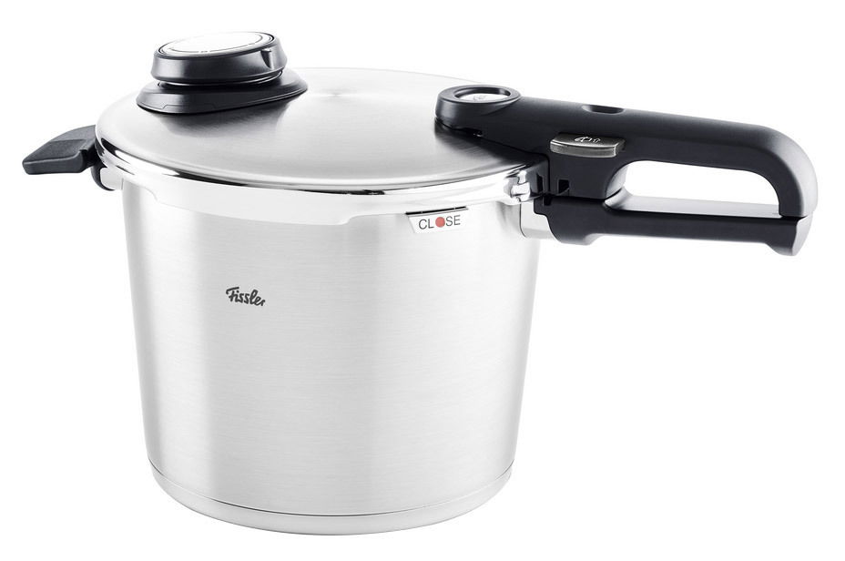 Schnellkochtopf aus Edelstahl mit schwarzem Griff, seitliche Perspektive