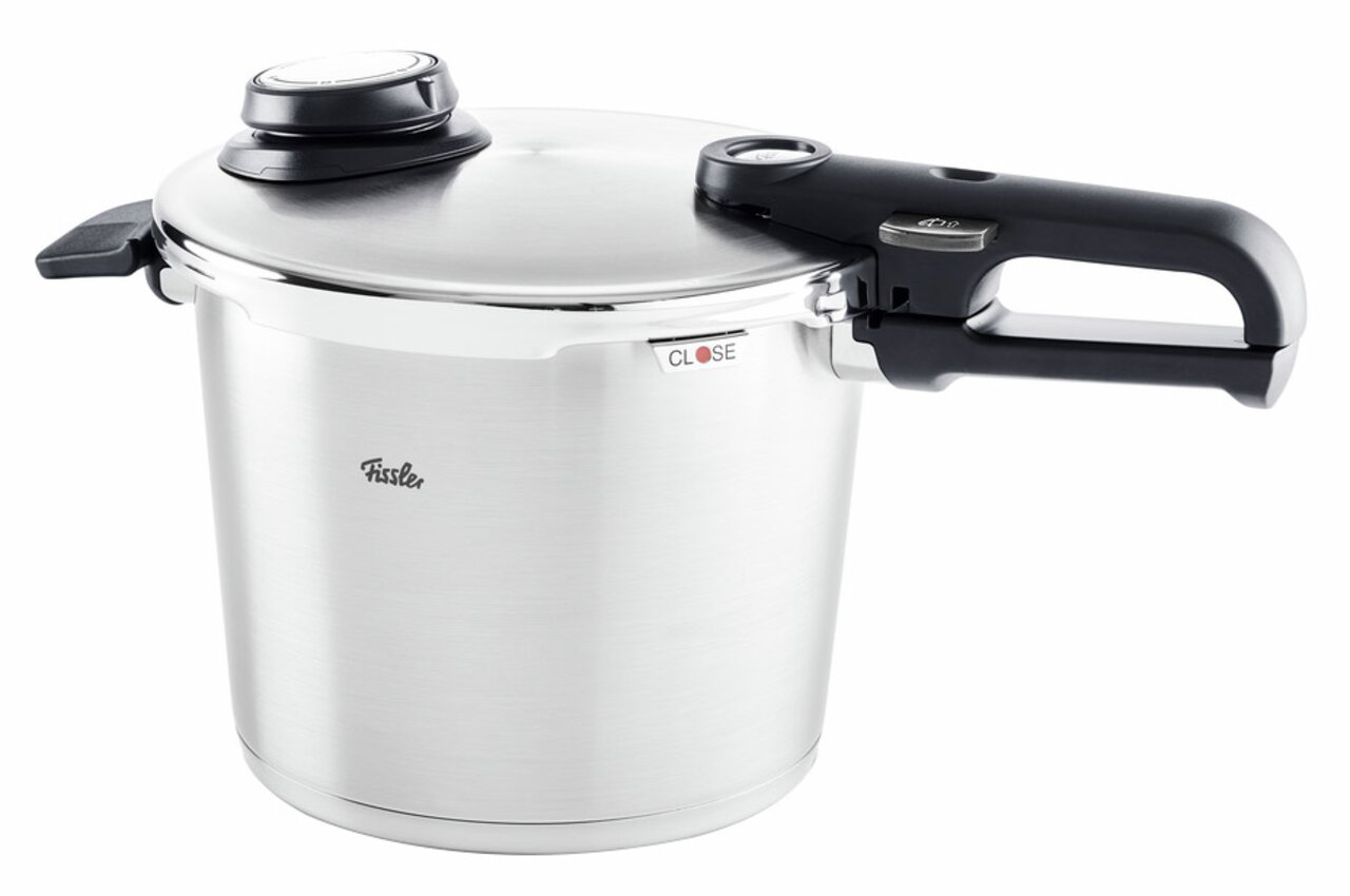 Schnellkochtopf aus Edelstahl mit schwarzem Griff, seitliche Perspektive