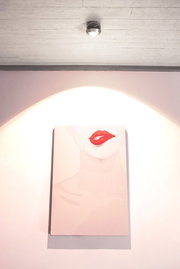 LED Aufbauleuchte an der Decke, beleuchtet ein Kunstwerk mit roten Lippen aus der Frontalperspektive