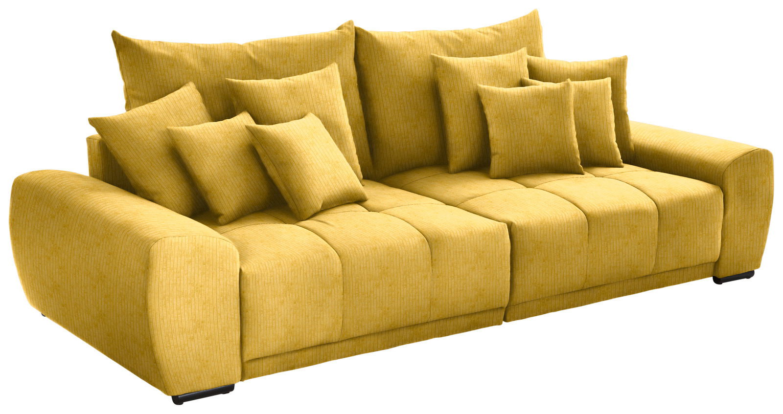Großes gelbes Sofa mit mehreren Kissen, seitliche Perspektive