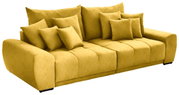 Großes gelbes Sofa mit mehreren Kissen, seitliche Perspektive