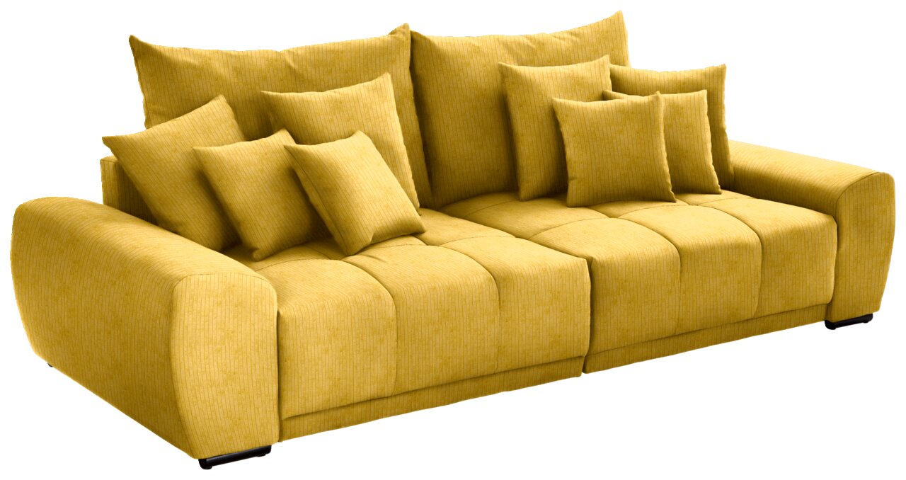 Großes gelbes Sofa mit mehreren Kissen, seitliche Perspektive