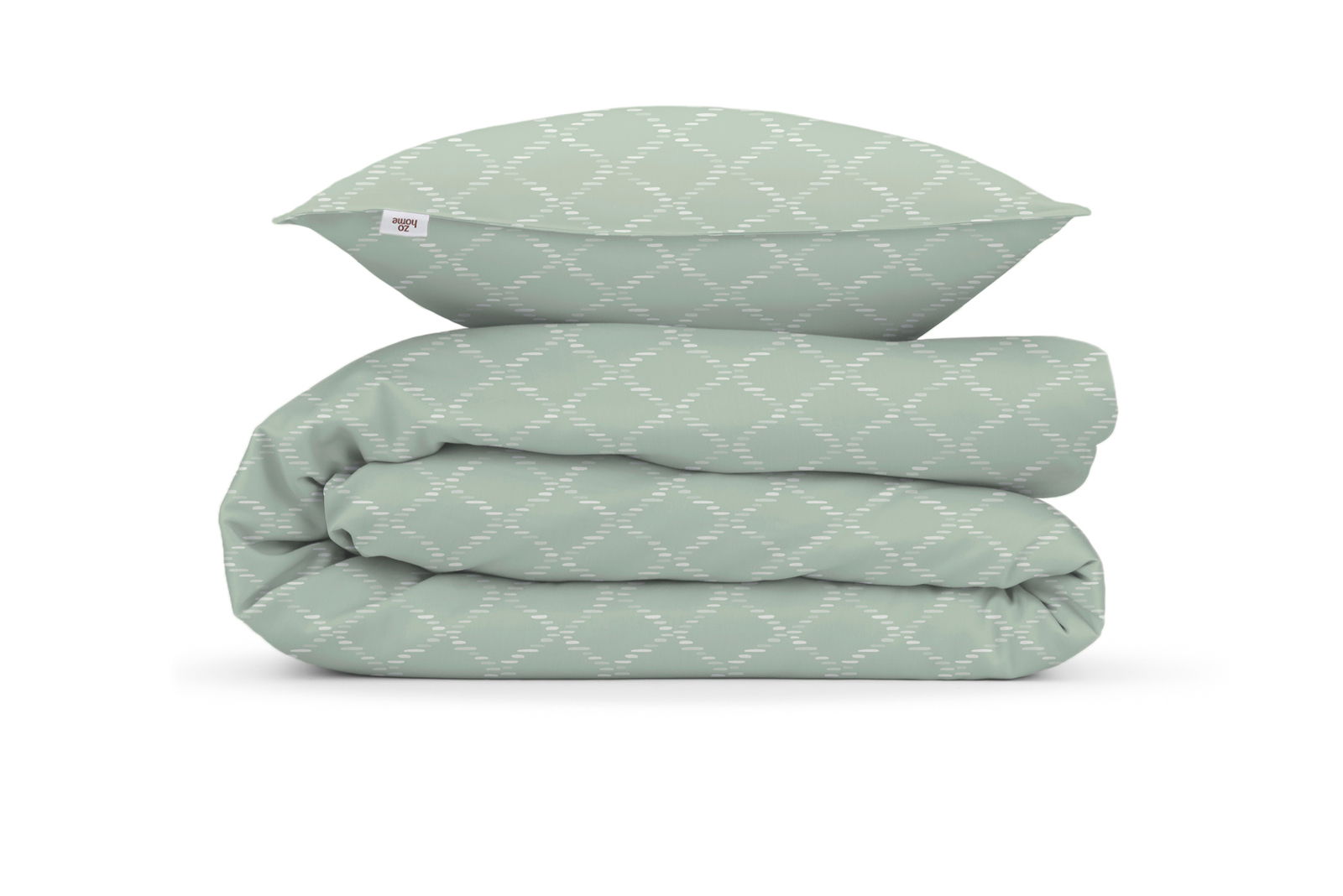 Grüne Bettwäsche mit geometrischem Muster, seitliche Perspektive