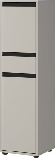 Moderner grauer Schrank mit zwei Schubladen und einer Tür, seitliche Perspektive