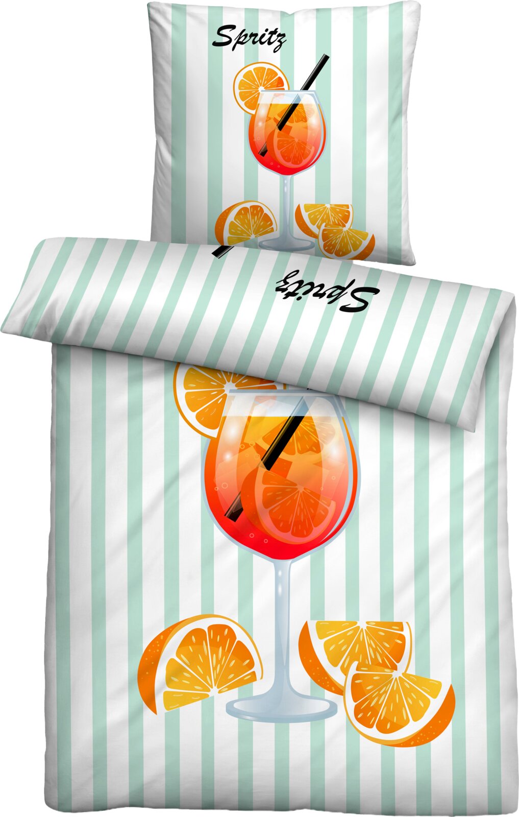 Bettwäsche-Set mit Kissen- und Deckenbezug in Mint-Weiß-Streifen, Spritz-Schriftzug und Aperol-Spritz-Glas mit Orangenscheiben; Ansicht schräg von oben (Produktfoto)