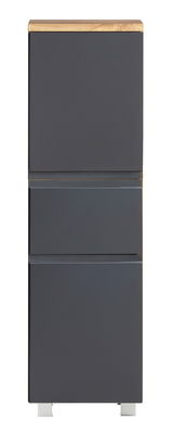 Moderner Midischrank in dunklem Grau mit Holzoberfläche, frontal betrachtet.