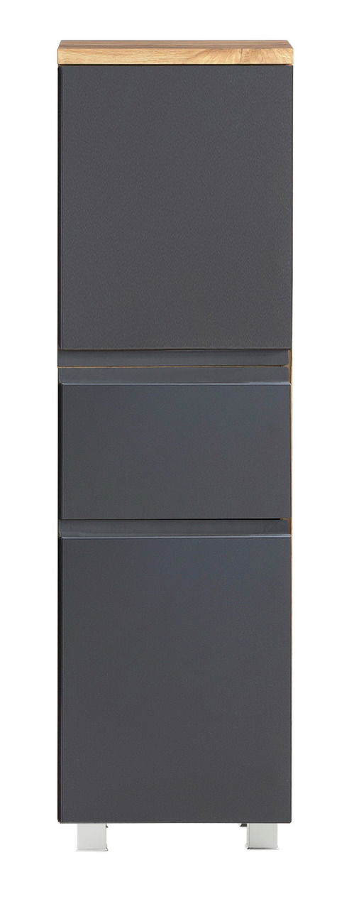 Moderner Midischrank in dunklem Grau mit Holzoberfläche, frontal betrachtet.