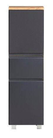 Moderner Midischrank in dunklem Grau mit Holzoberfläche, frontal betrachtet.
