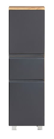 Moderner Midischrank in dunklem Grau mit Holzoberfläche, frontal betrachtet.