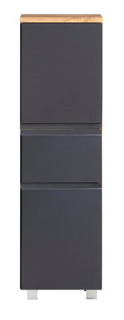 Moderner Midischrank in dunklem Grau mit Holzoberfläche, frontal betrachtet.