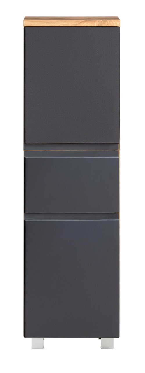 Moderner Midischrank in dunklem Grau mit Holzoberfläche, frontal betrachtet.
