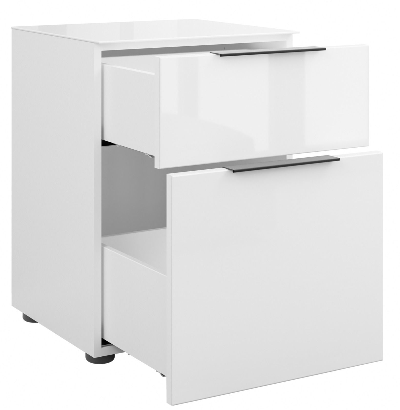 Weiße Nachtkommode mit zwei offenen Schubladen, seitliche Perspektive