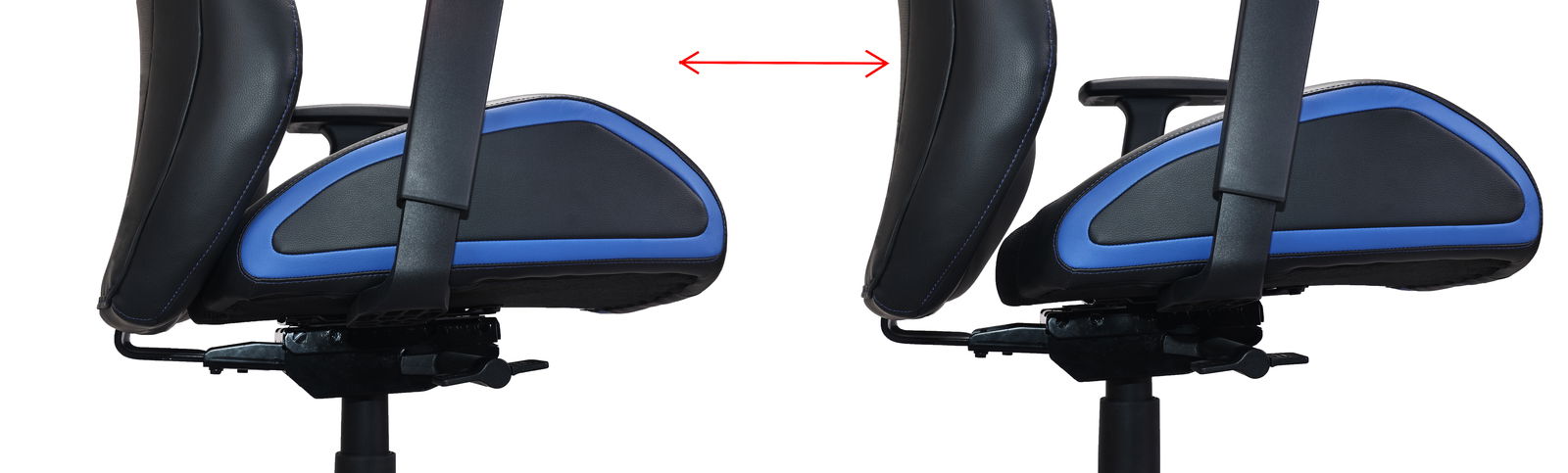 Seitliche Ansicht des Gaming Stuhls BXGAMING GENIUS mit blauen Akzenten und verstellbaren Armlehnen.