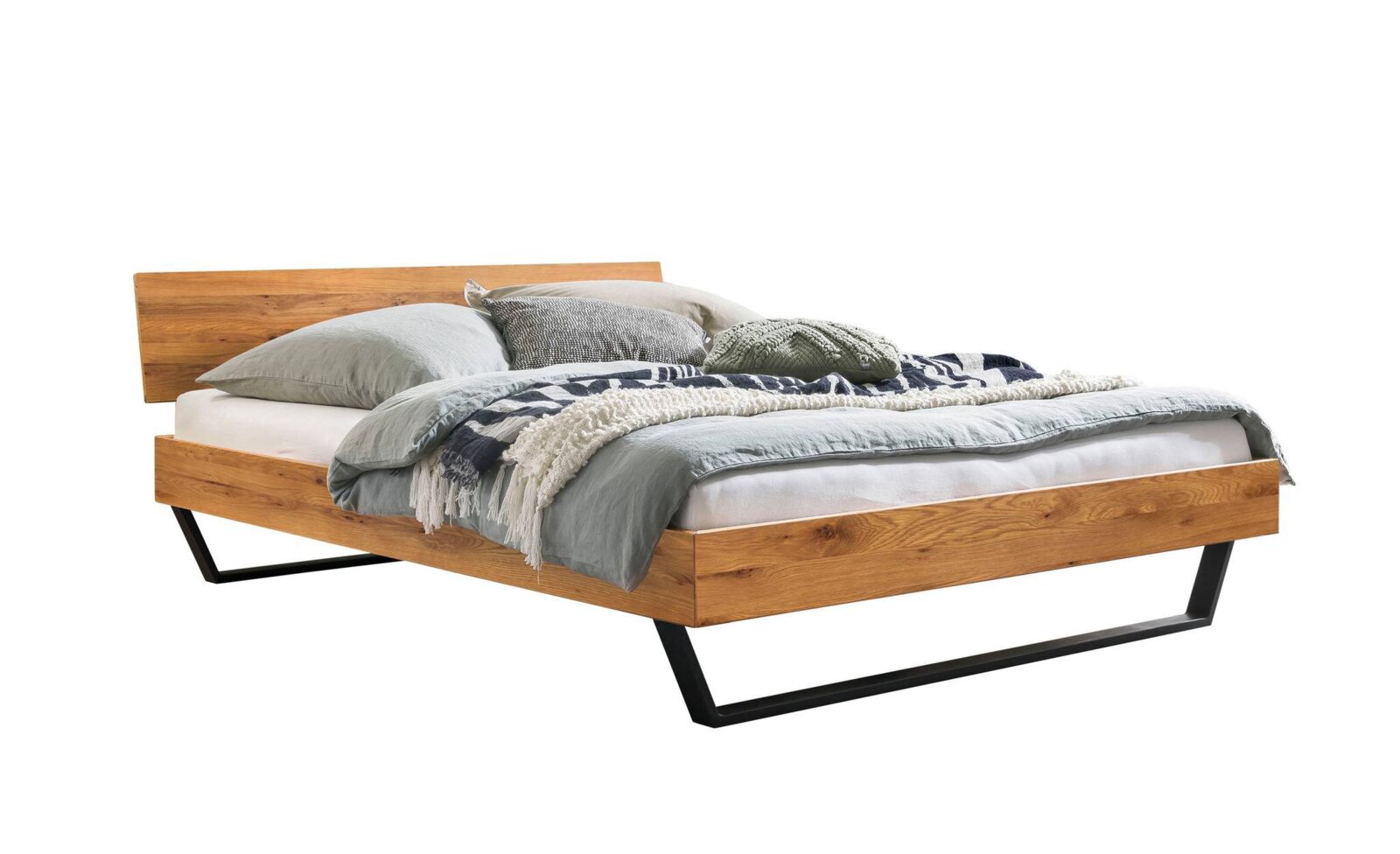 Holzbettgestell mit modernem Design, seitliche Perspektive