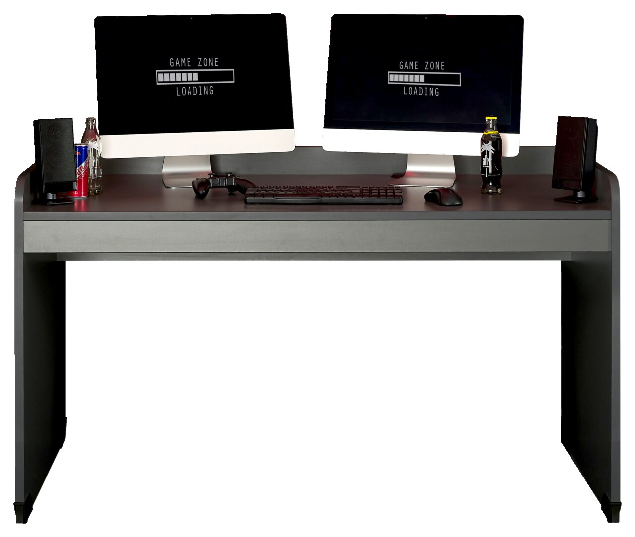 Moderner Schreibtisch mit zwei Monitoren, Tastatur und Maus, frontal betrachtet.